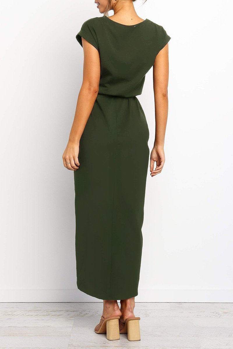 Short Sleeve Tie Waist Wrap Tulip Hem Midi Dress
