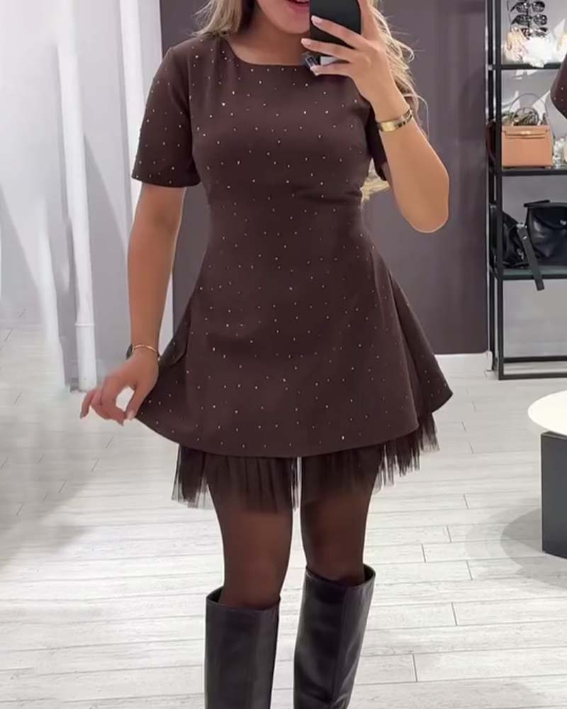 Rhinestone Tulle Hem Short Sleeve Fit and Flare Mini Dress