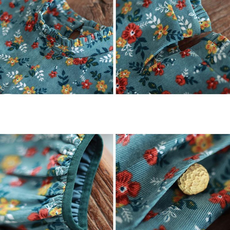 Retro Corduroy Floral Casual Draped Dress ( Limited Stock)