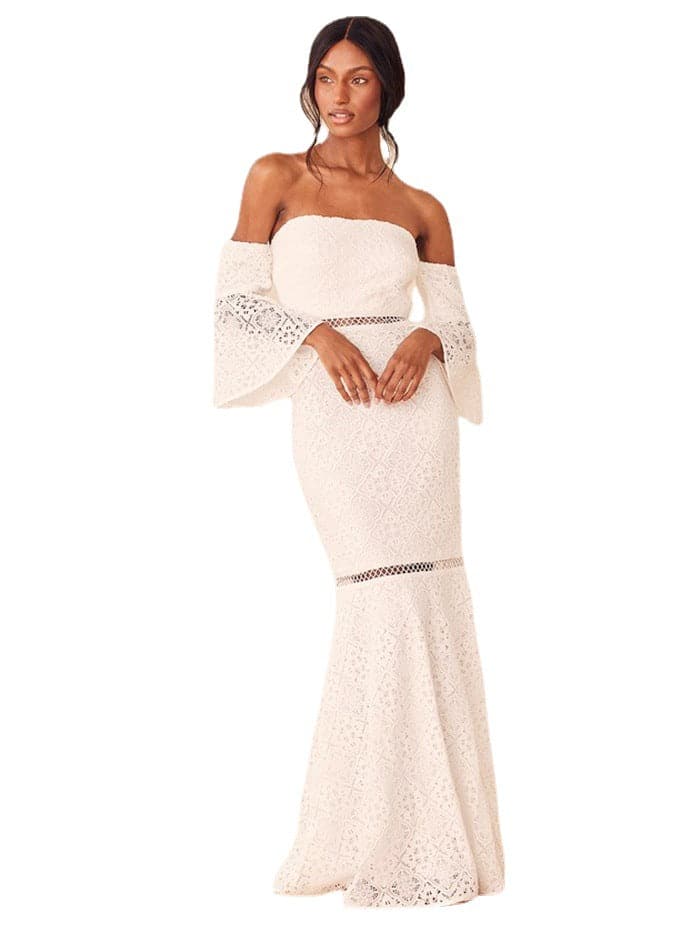 Off Shoulder Lace Bell Sleeve Mermaid Lace Trim Formal Gown