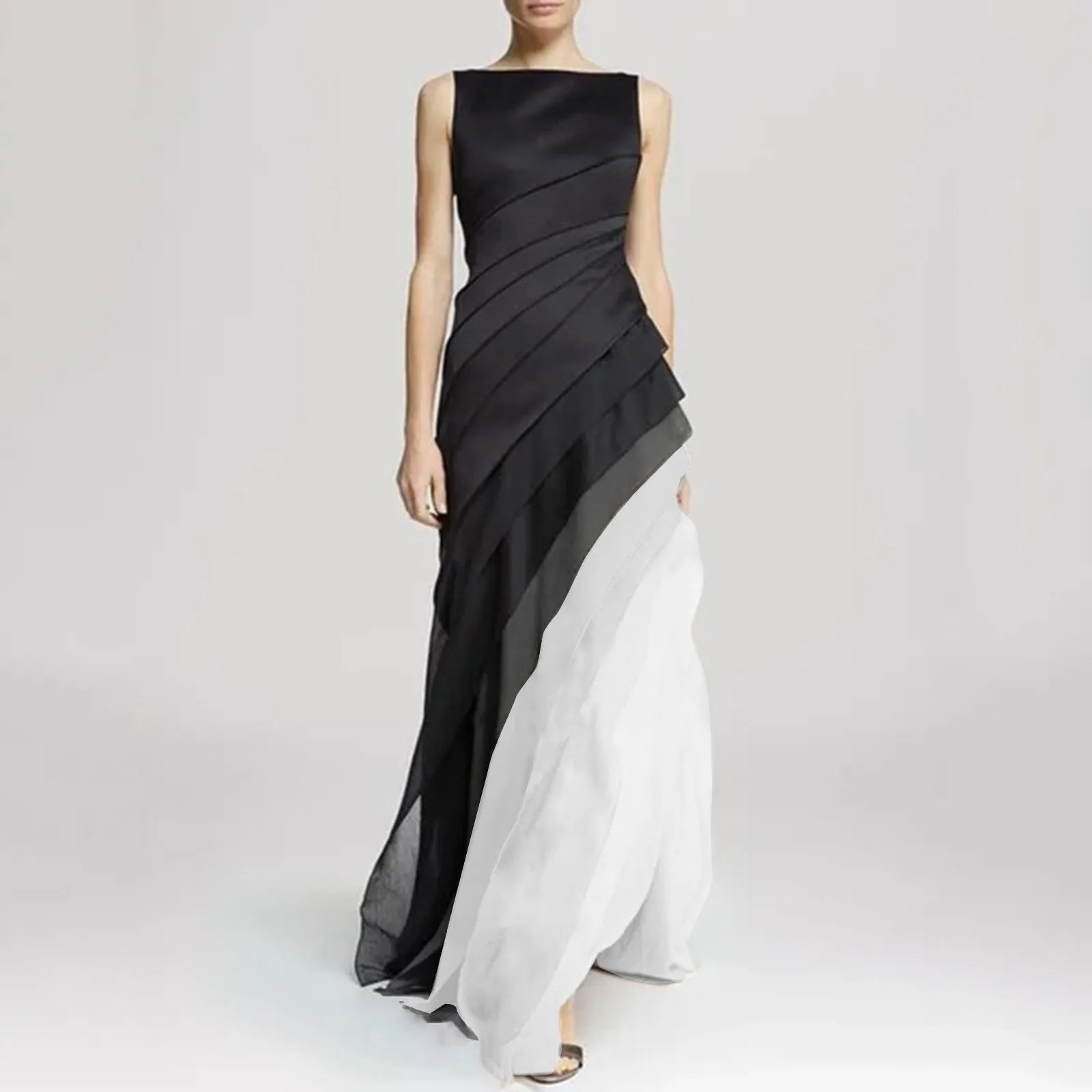 Chiffon Boat Neck Sleeveless Tiered Bias Cut Maxi Dress