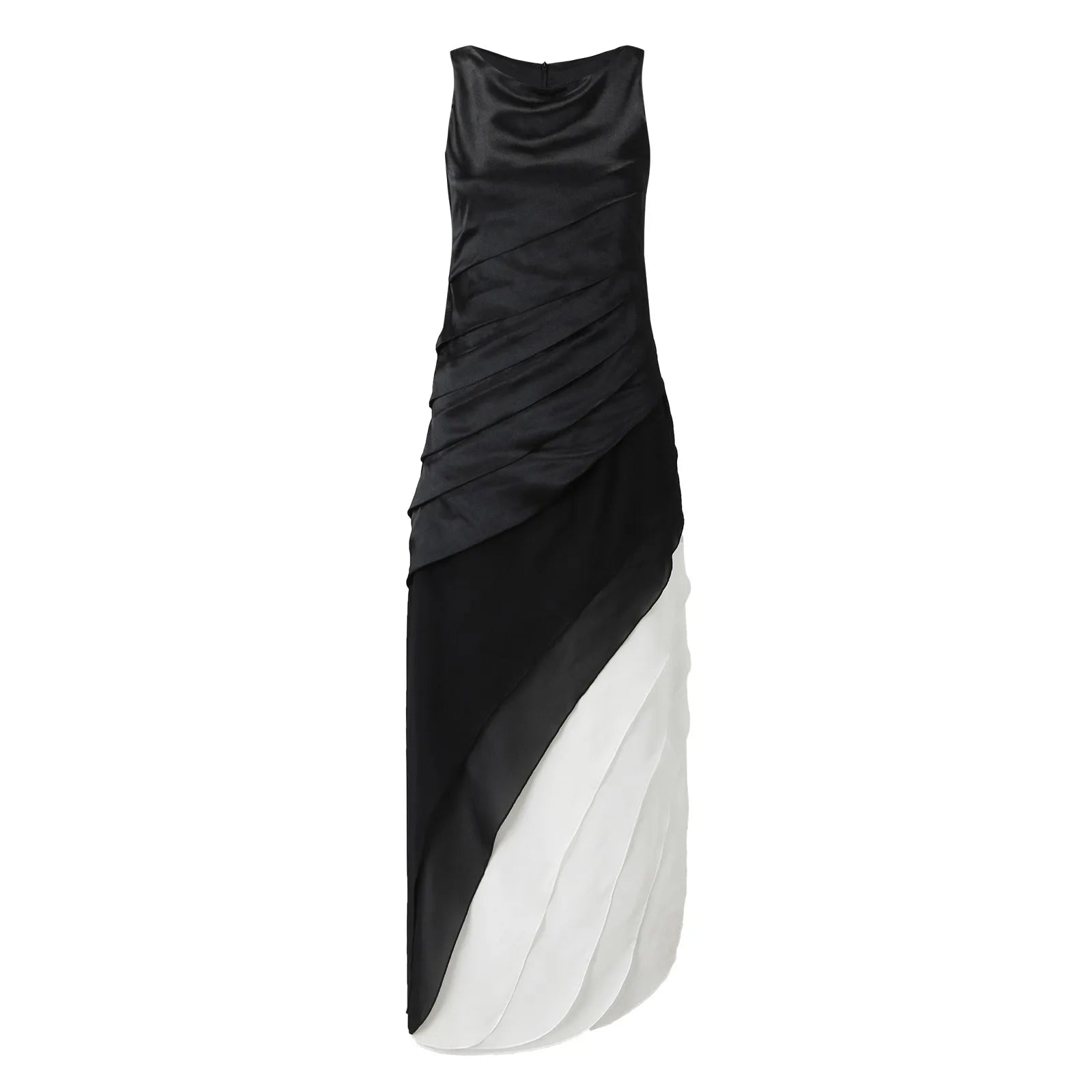 Chiffon Boat Neck Sleeveless Tiered Bias Cut Maxi Dress