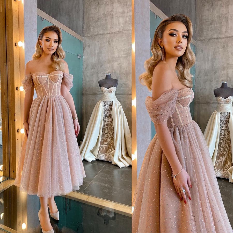 Off Shoulder Sweetheart Corset Beaded Tulle A-Line Gown