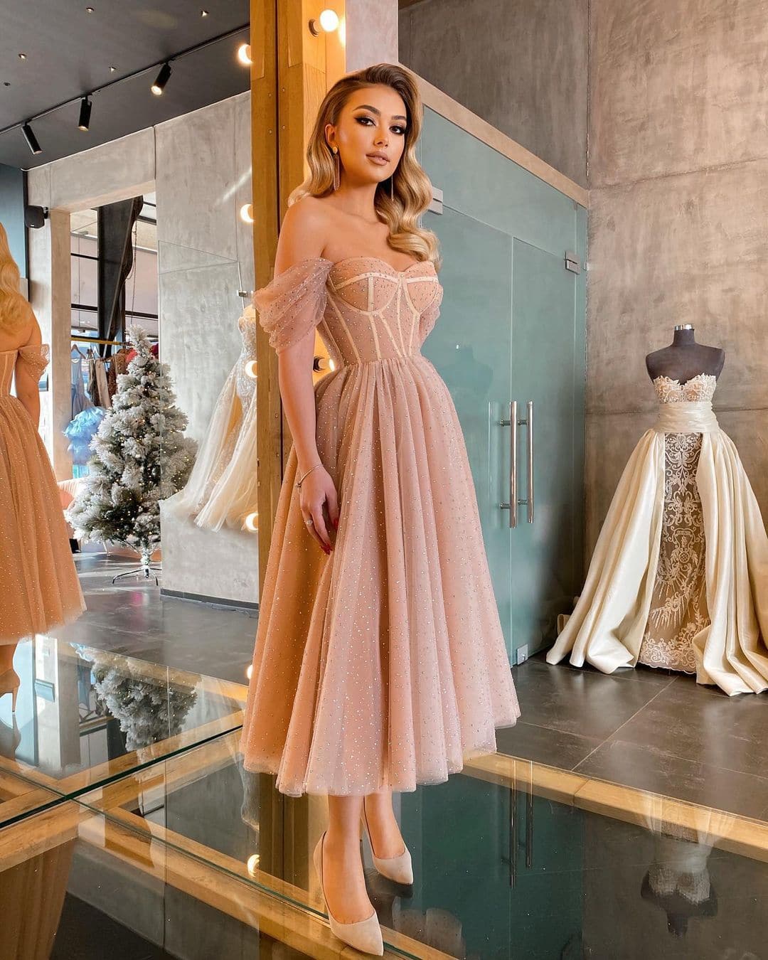 Off Shoulder Sweetheart Corset Beaded Tulle A-Line Gown