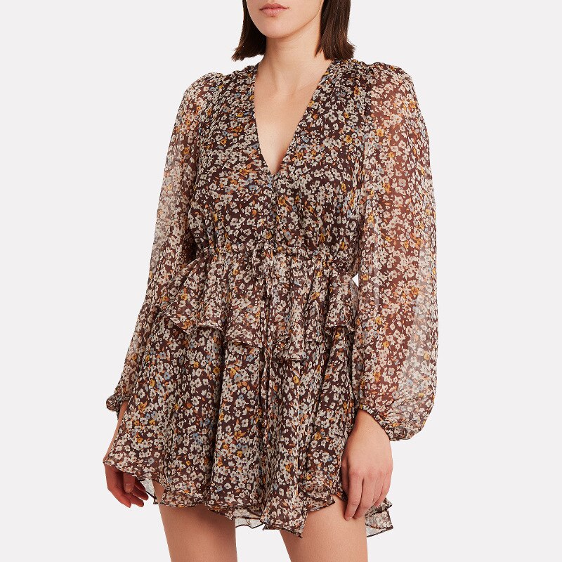 Chiffon Deep V-Neck Long Sleeve Tie Waist Tiered Ruffle Floral Mini Dress