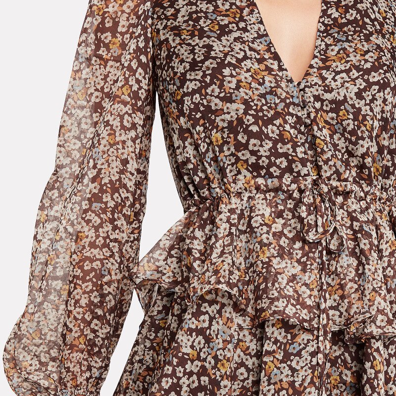 Chiffon Deep V-Neck Long Sleeve Tie Waist Tiered Ruffle Floral Mini Dress