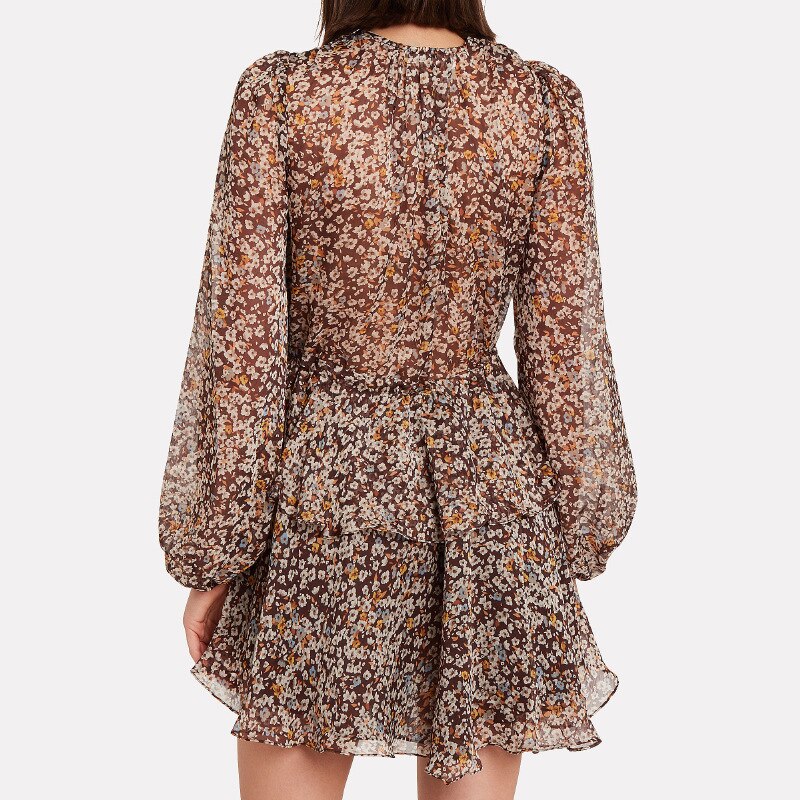 Chiffon Deep V-Neck Long Sleeve Tie Waist Tiered Ruffle Floral Mini Dress
