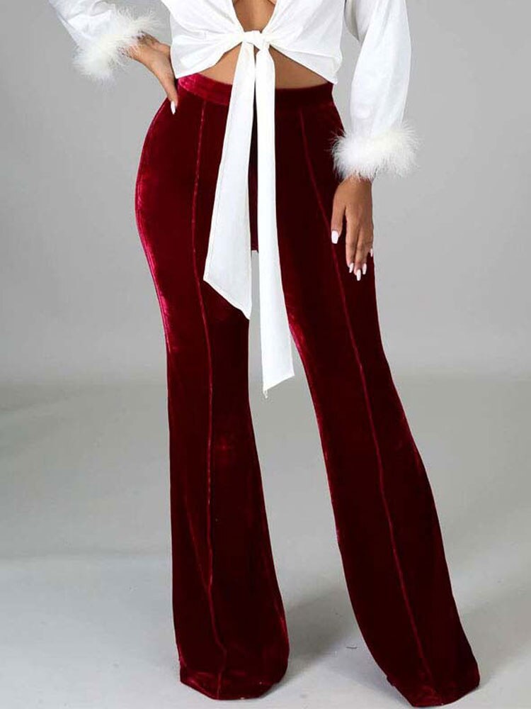 High Waist Velvet Front Seam Flare Leg Bell Bottom Pants 20