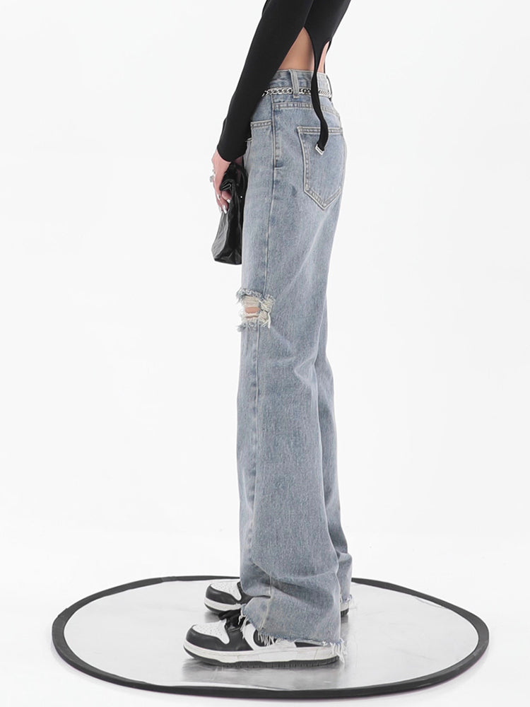 Distressed Wide-Leg Denim Jeans