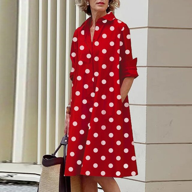 Long Sleeve V-Neck Collar Pocket Shirt Midi Dress