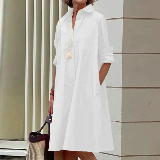 Long Sleeve V-Neck Collar Pocket Shirt Midi Dress