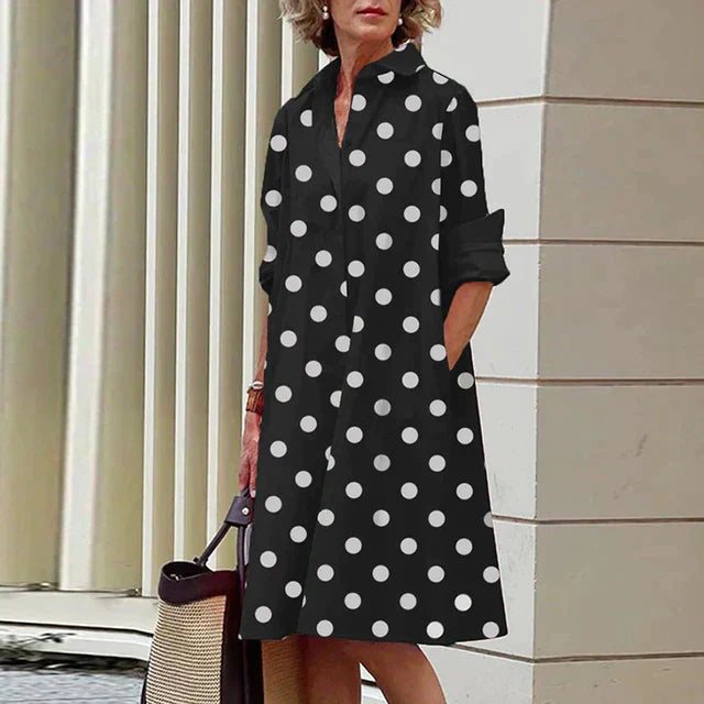 Long Sleeve V-Neck Collar Pocket Shirt Midi Dress