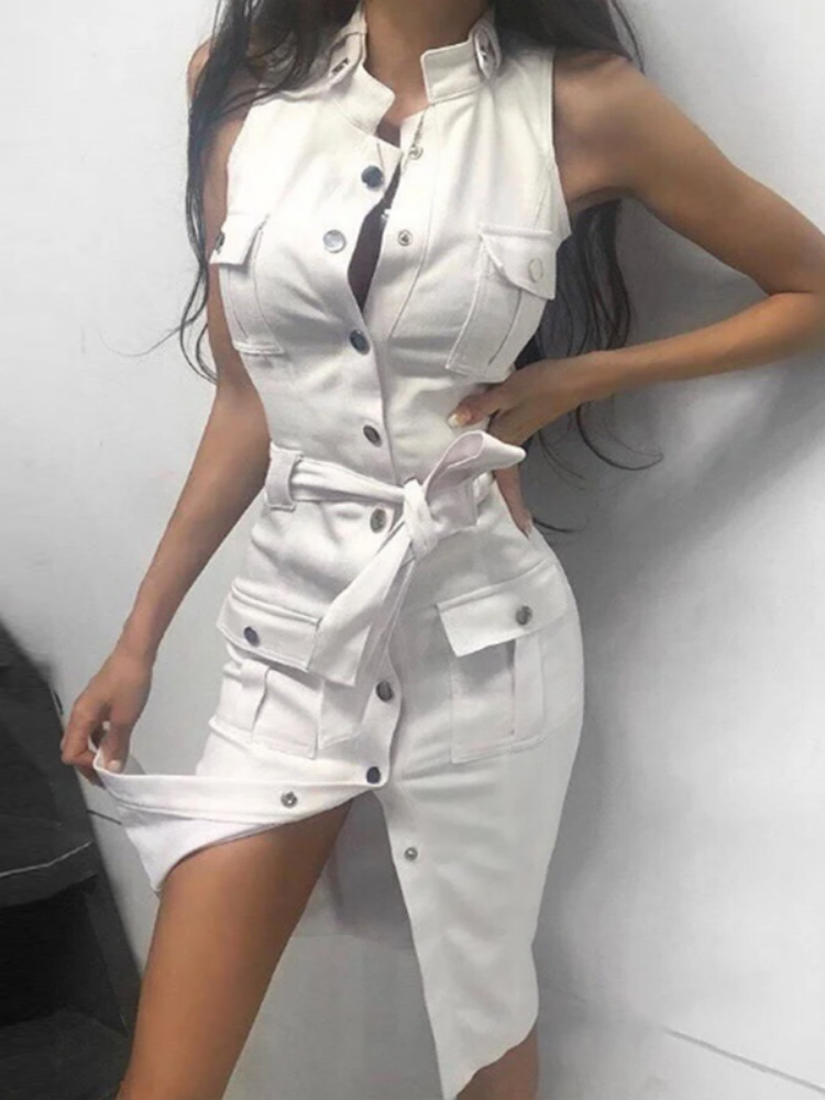 Sleeveless Mandarin Collar Button Front Cargo Pocket Belted Mini Dress
