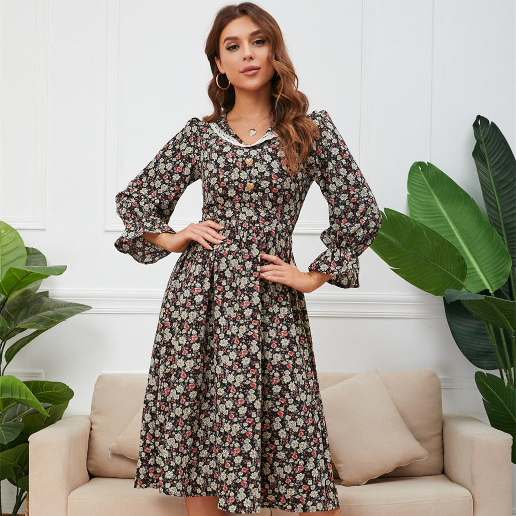 Retro French Floral Lace Dress