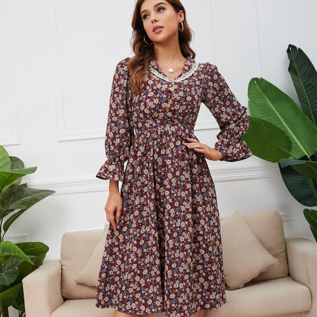 Lace Collar V-Neck Long Flounce Sleeve Floral Print A-Line Midi Dress - View 3