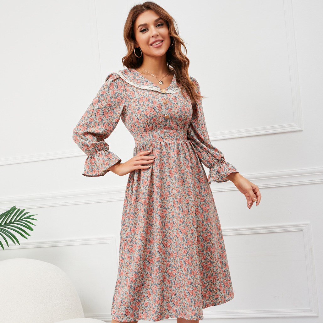 Lace Collar V-Neck Long Flounce Sleeve Floral Print A-Line Midi Dress
