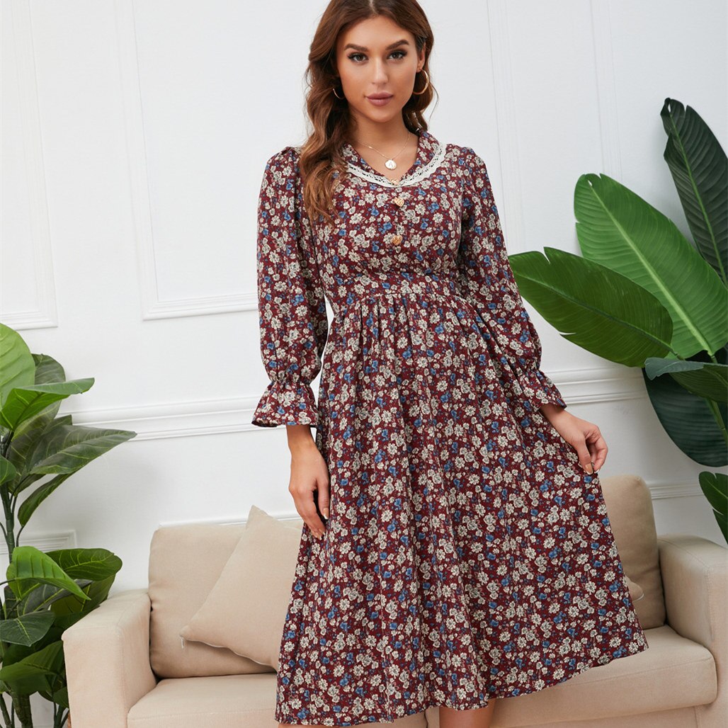 Lace Collar V-Neck Long Flounce Sleeve Floral Print A-Line Midi Dress - View 4