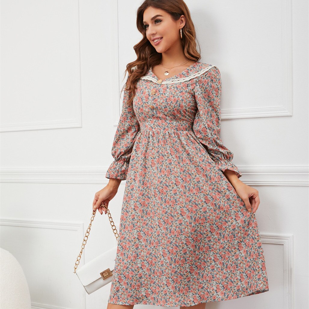Lace Collar V-Neck Long Flounce Sleeve Floral Print A-Line Midi Dress