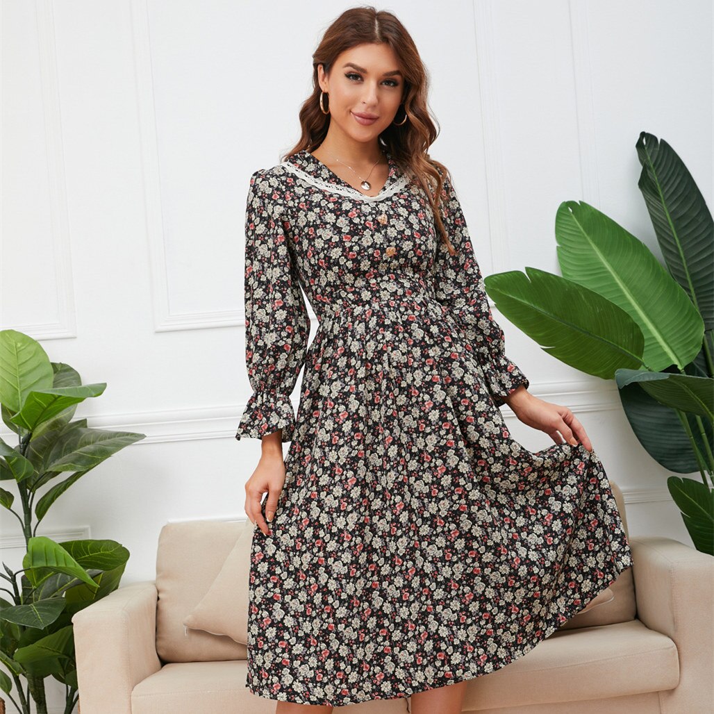 Lace Collar V-Neck Long Flounce Sleeve Floral Print A-Line Midi Dress - View 8