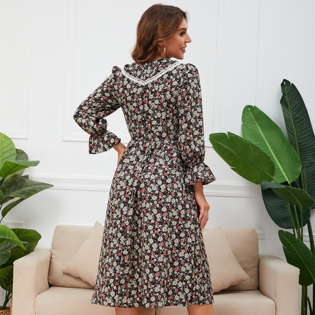 Lace Collar V-Neck Long Flounce Sleeve Floral Print A-Line Midi Dress - View 9