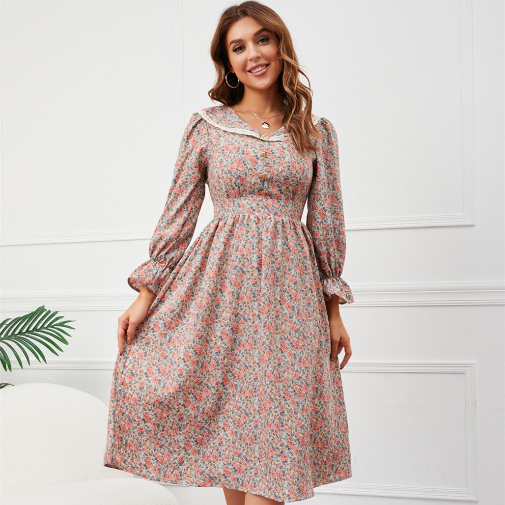 Lace Collar V-Neck Long Flounce Sleeve Floral Print A-Line Midi Dress - View 7
