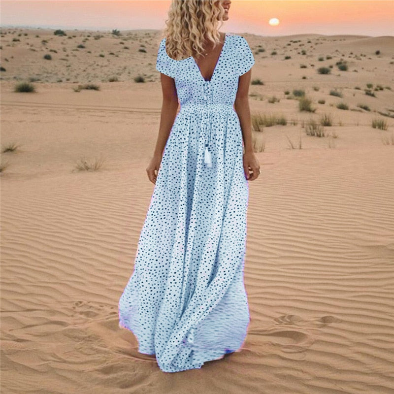 Short Sleeve Deep V-Neck Polka Dot Drawstring Waist Tassel Trim Maxi Summer Dress