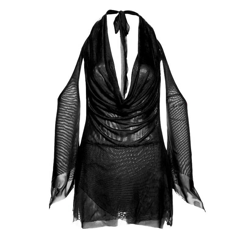 Mesh Cowl Neck Halter Long Sleeve Ruched Mini Dress