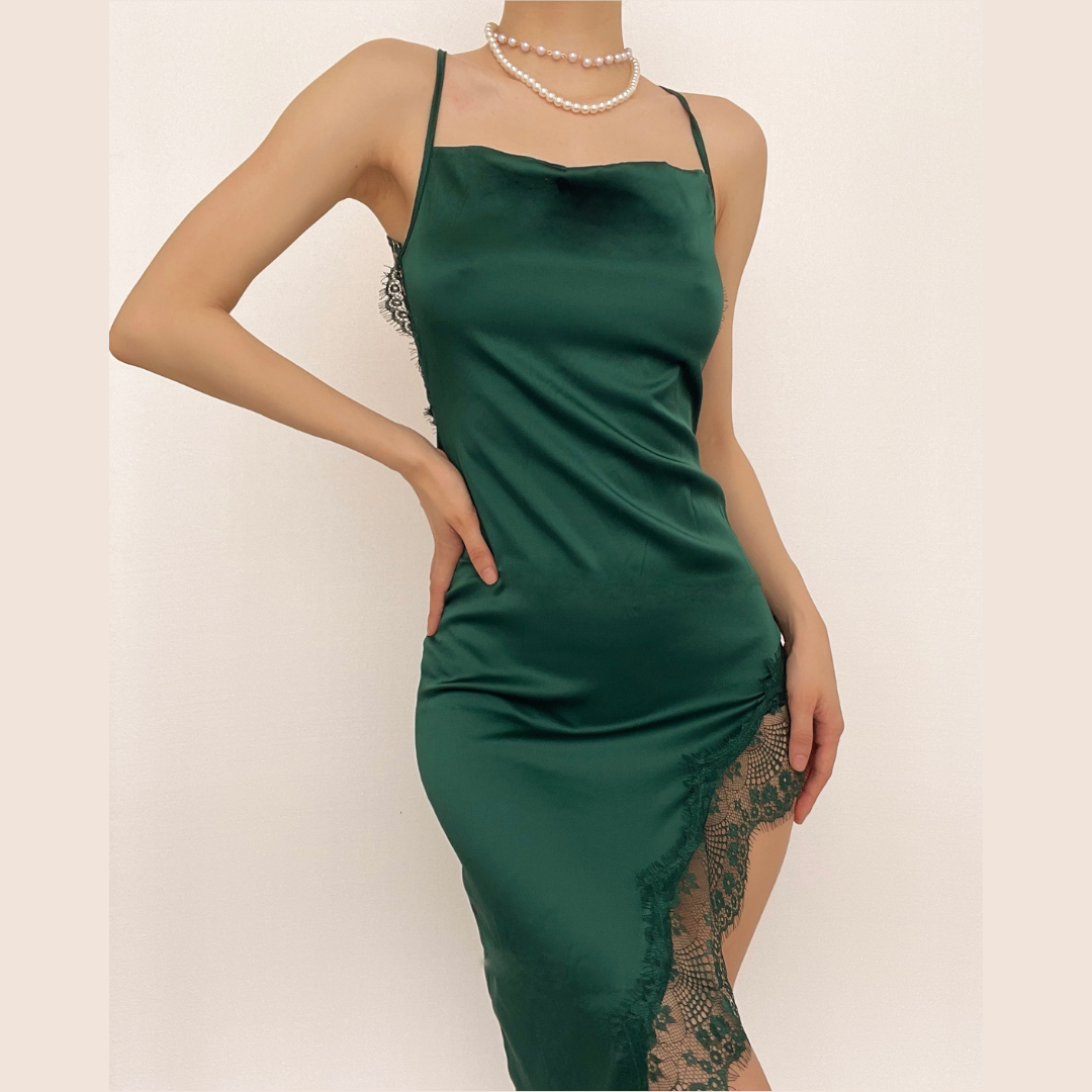 Spaghetti Strap Lace Trim Satin Slip High Split Midi Dress