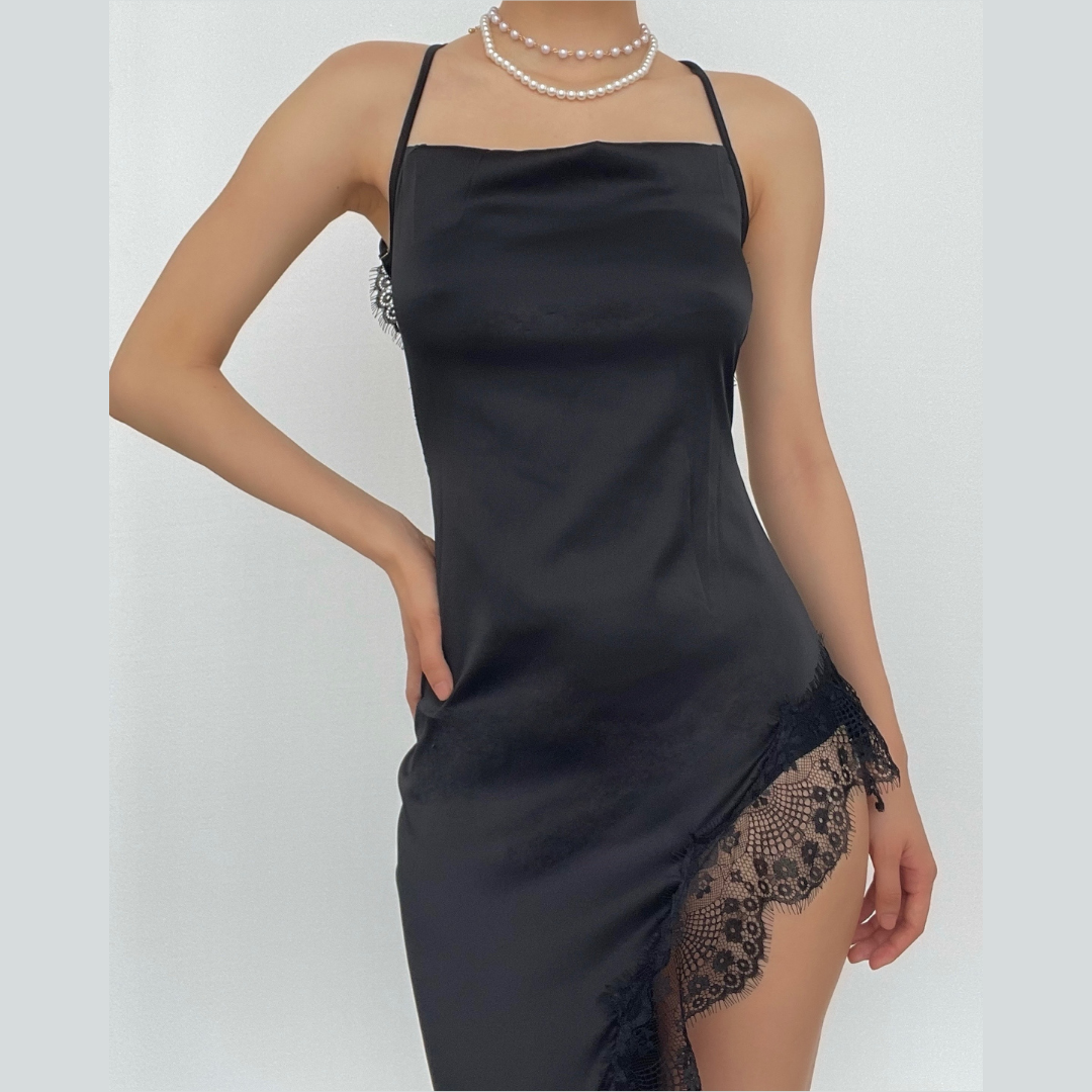 Spaghetti Strap Lace Trim Satin Slip High Split Midi Dress