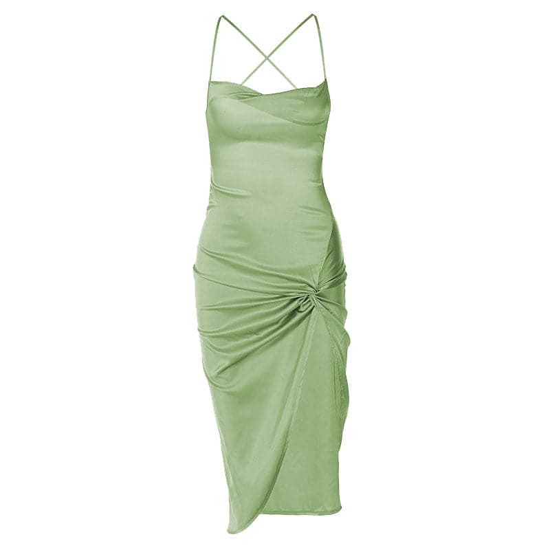 Satin Cowl Neck Cross Strap Twist Knot Split Midi Slip Dress 8