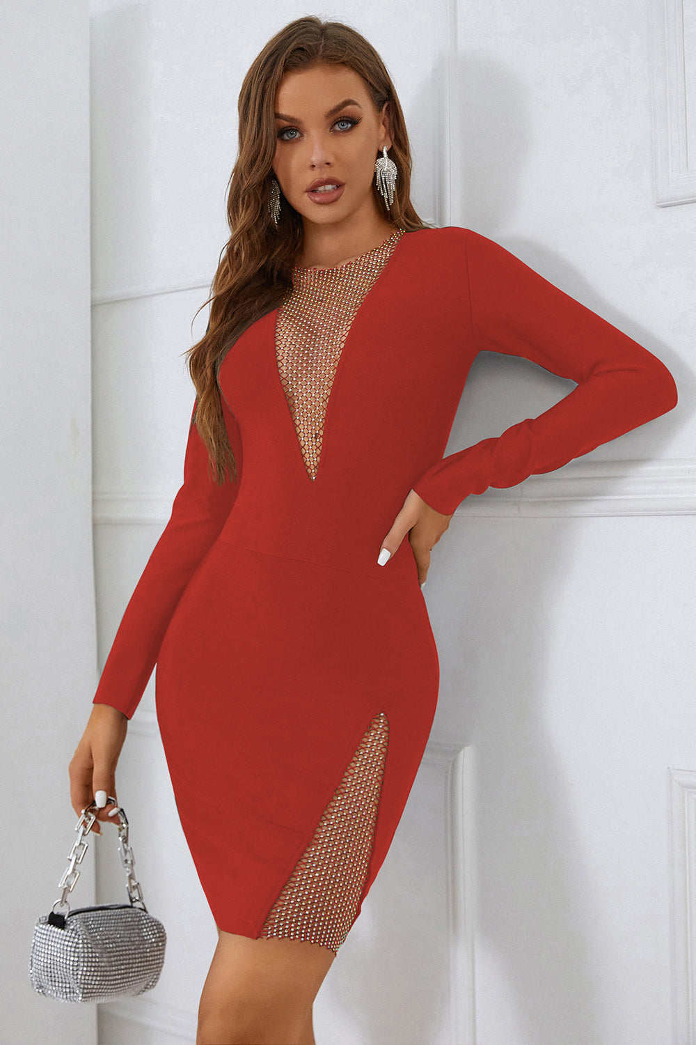Mesh Inset Round Neck Long Sleeve Bodycon Mini Dress 13