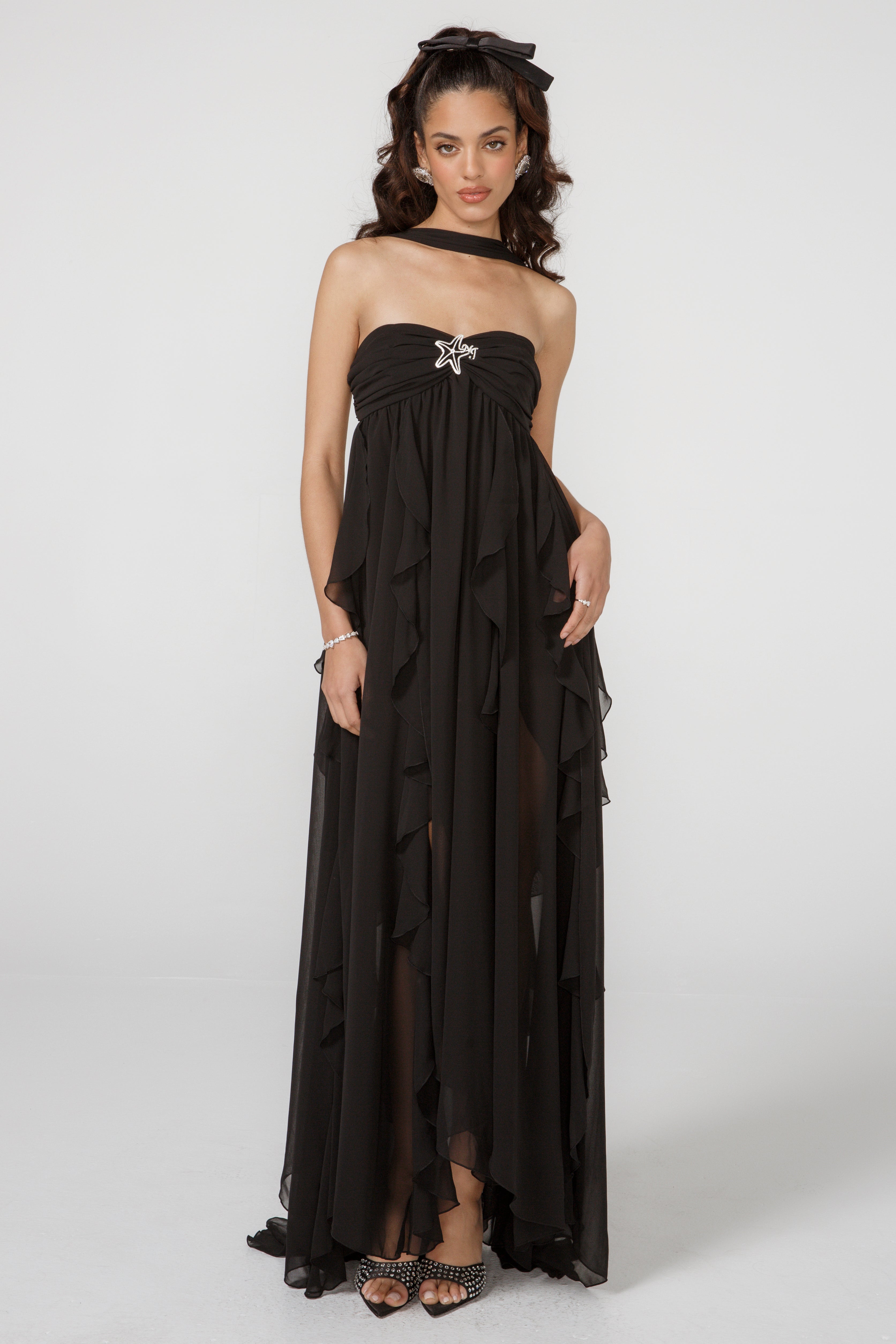Strapless Ruched Star Embellishment Tiered Ruffle Sheer Chiffon Maxi Gown