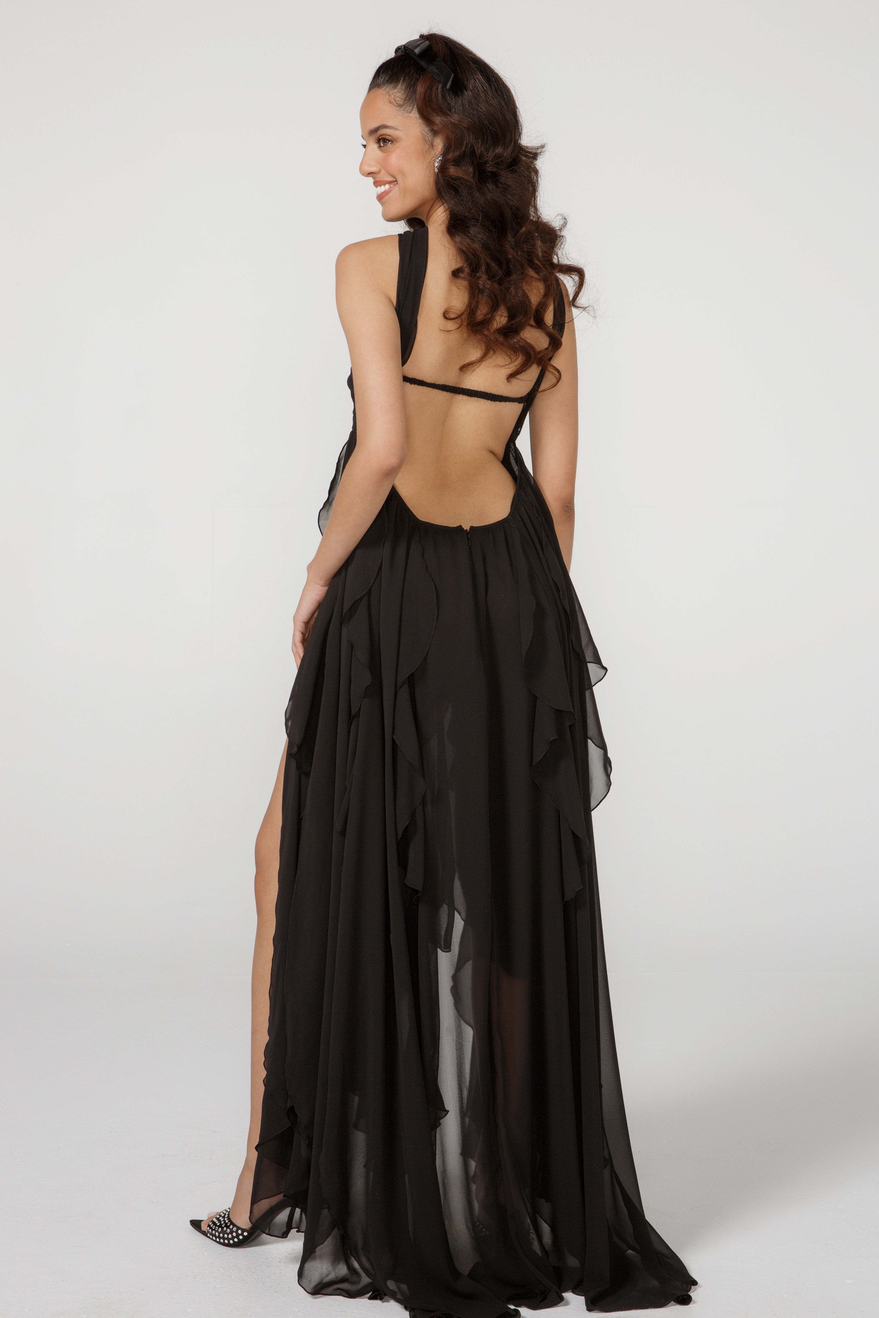 Strapless Ruched Star Embellishment Tiered Ruffle Sheer Chiffon Maxi Gown