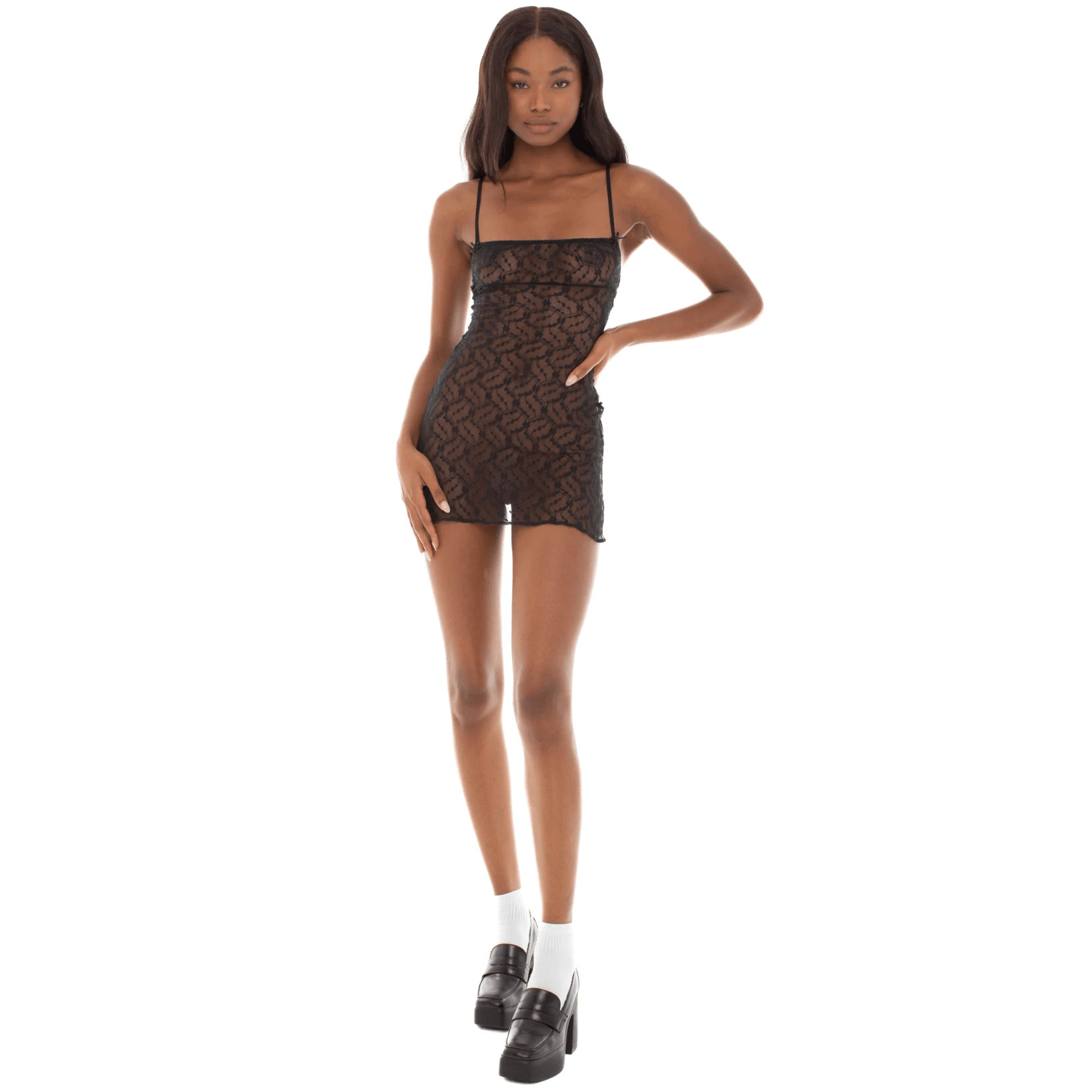 Floral Lace Spaghetti Strap High Split Slip Mini Dress