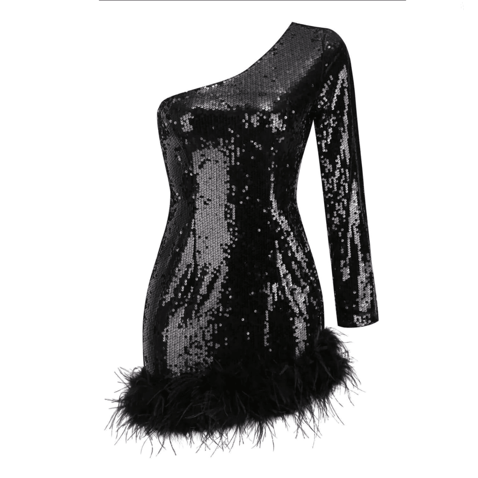 Sequin One Shoulder Long Sleeve Feather Hem Bodycon Mini Party Dress