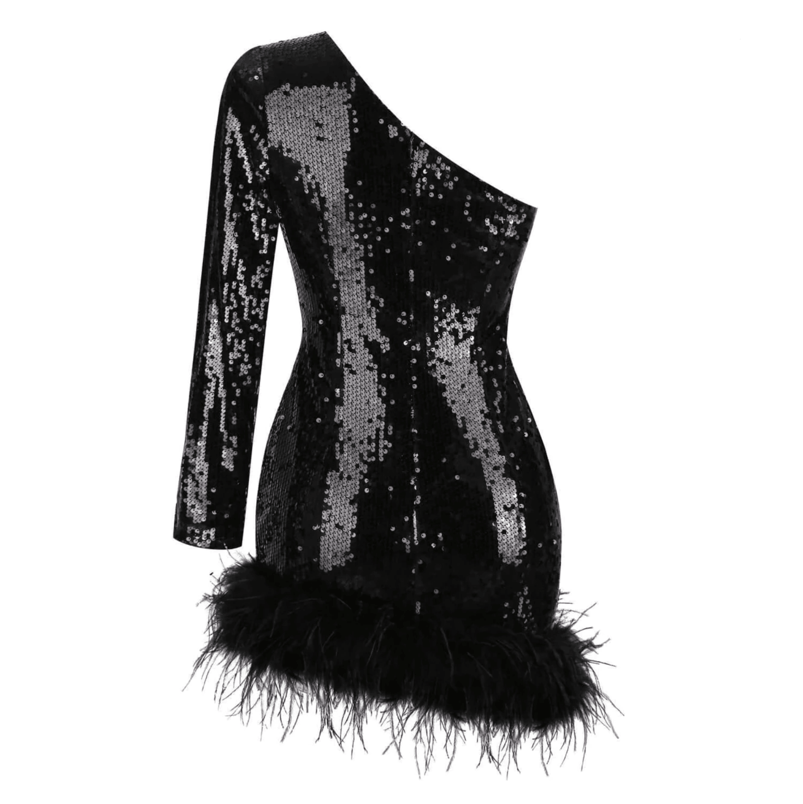 Sequin One Shoulder Long Sleeve Feather Hem Bodycon Mini Party Dress