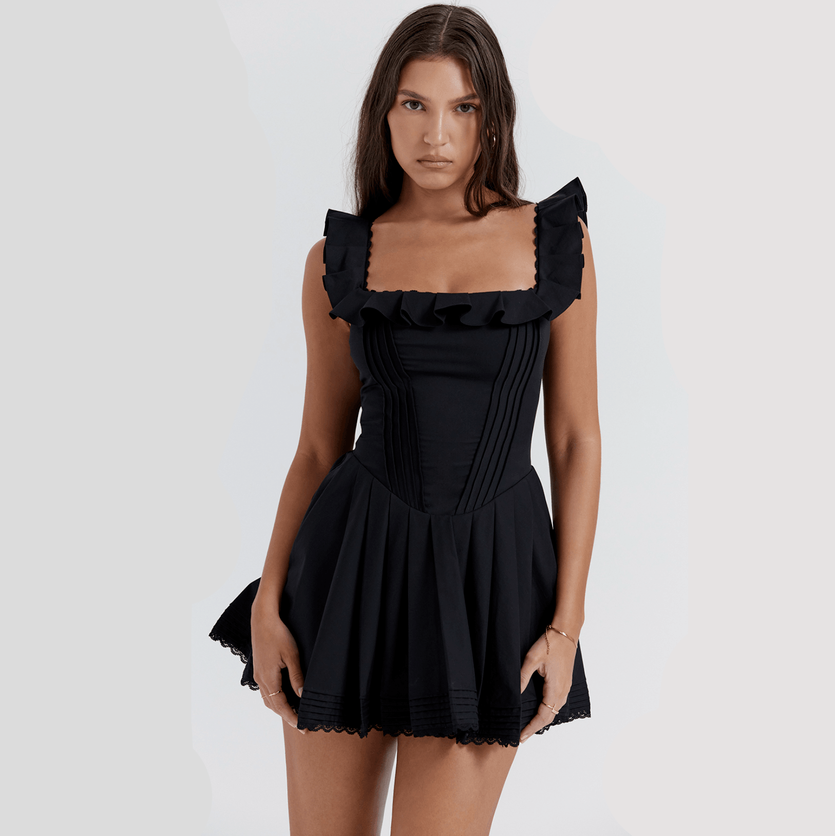Square Neck Ruffle Strap Corset Pleated Fit and Flare Mini Dress