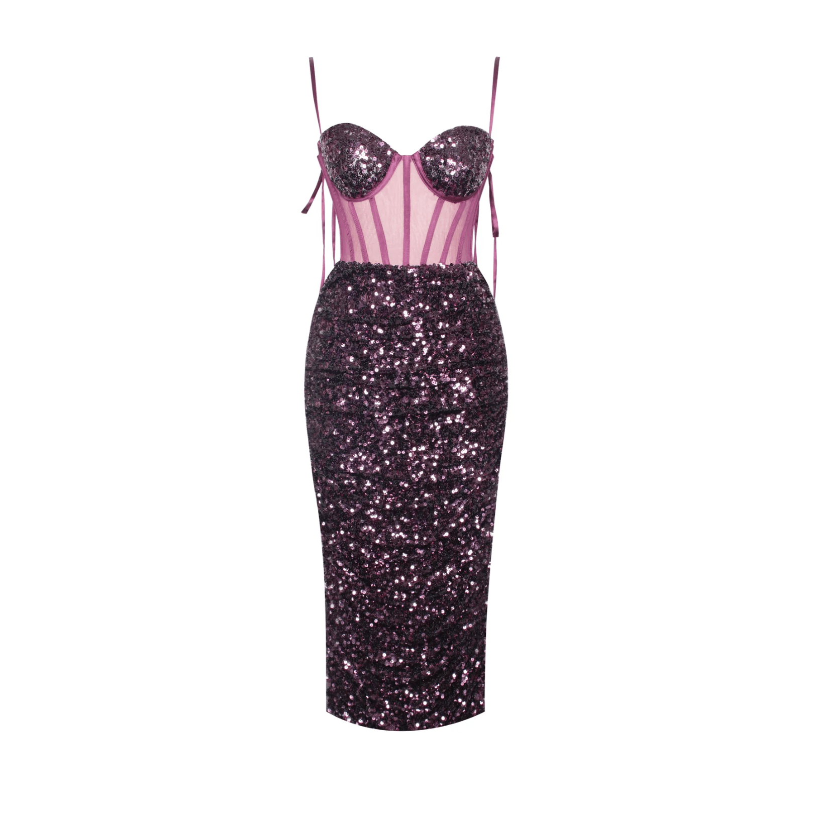 Sequin Spaghetti Strap Bustier Corset Ruched Bodycon Midi Dress