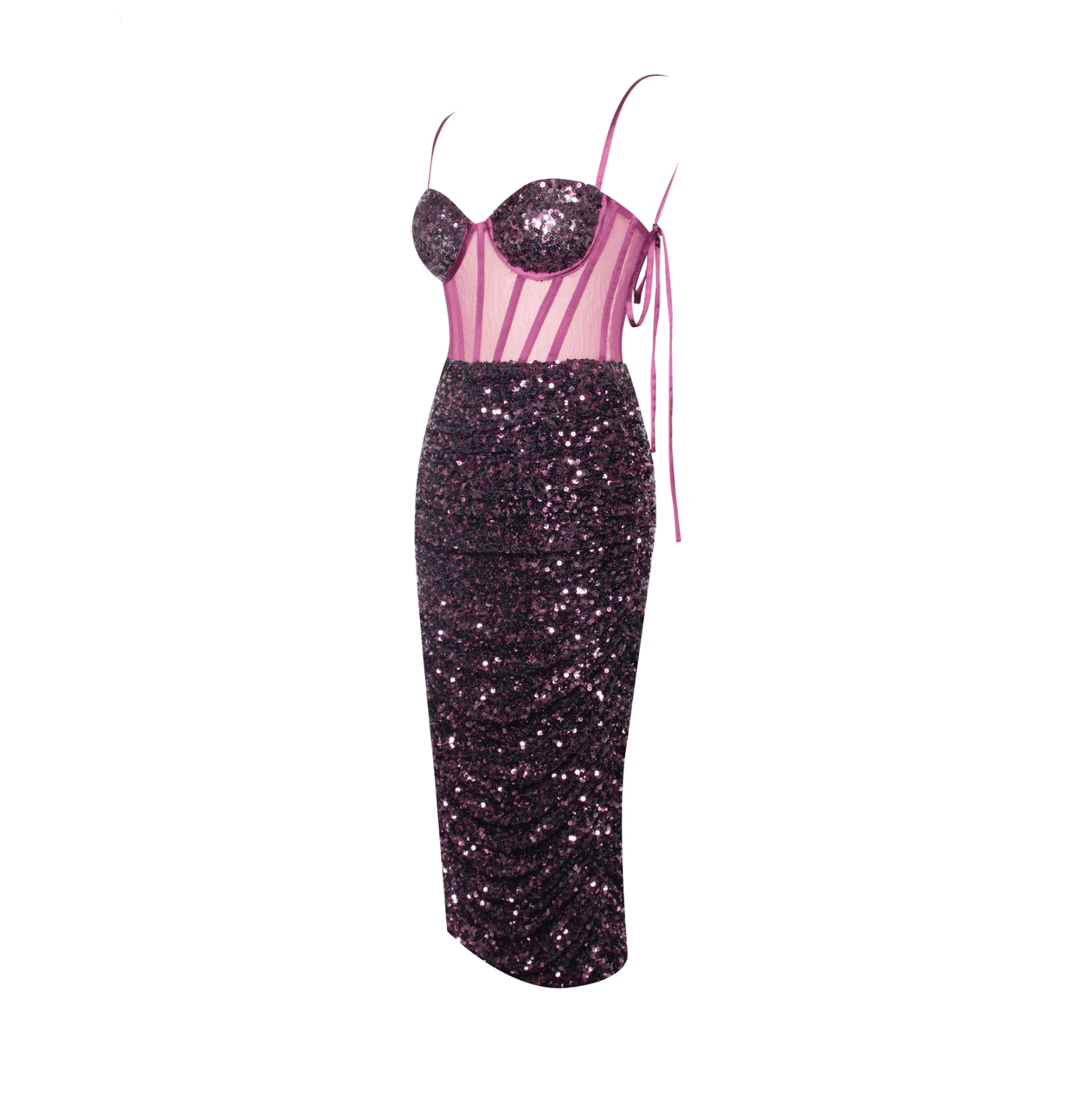 Sequin Spaghetti Strap Bustier Corset Ruched Bodycon Midi Dress