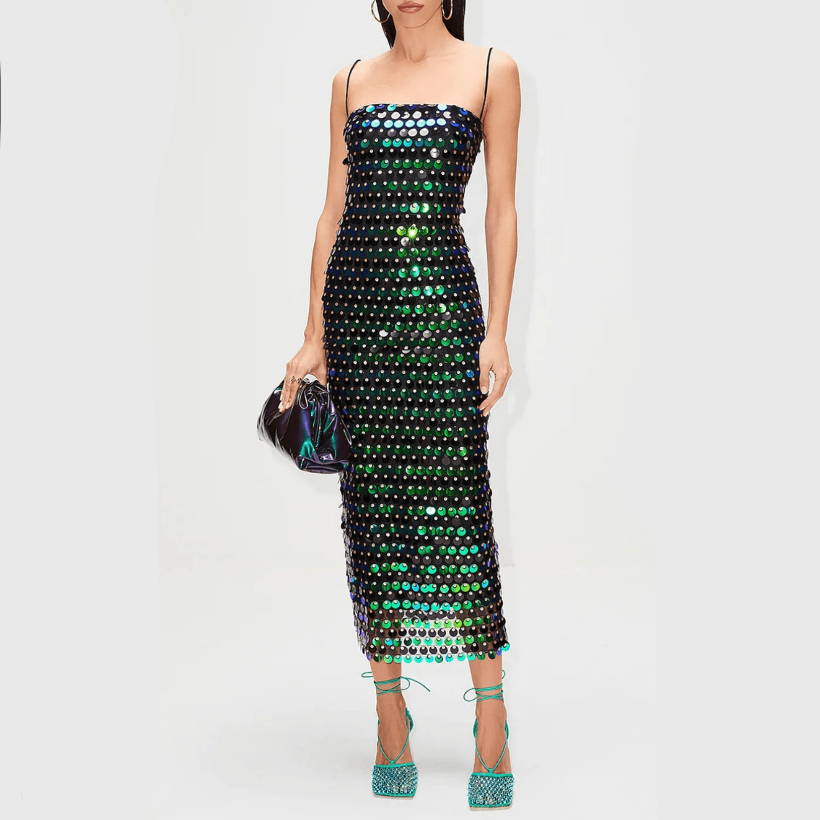 Sequin Spaghetti Strap Square Neck Column Midi Dress