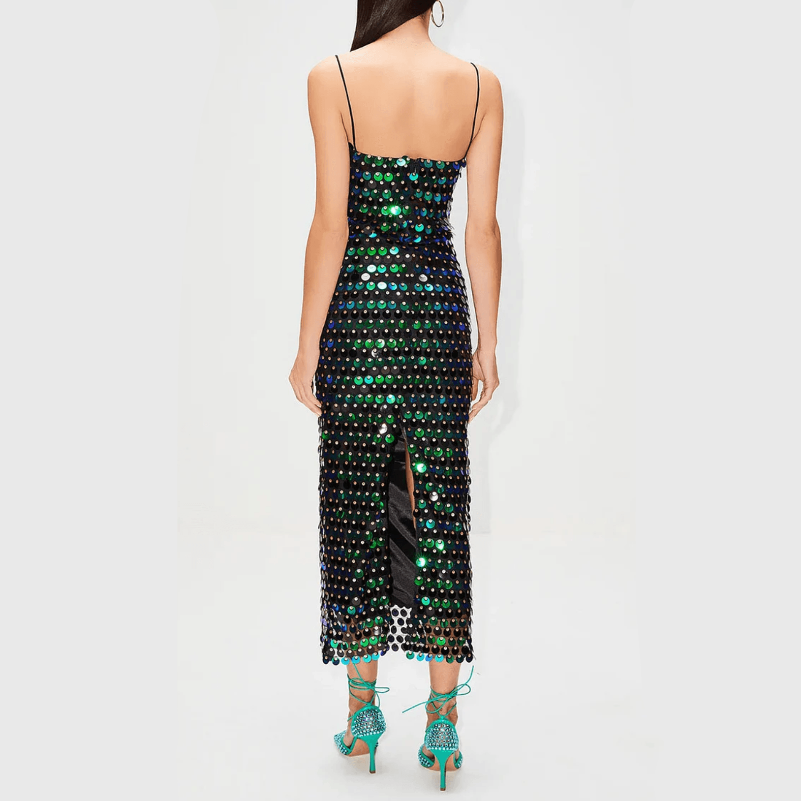 Sequin Spaghetti Strap Square Neck Column Midi Dress