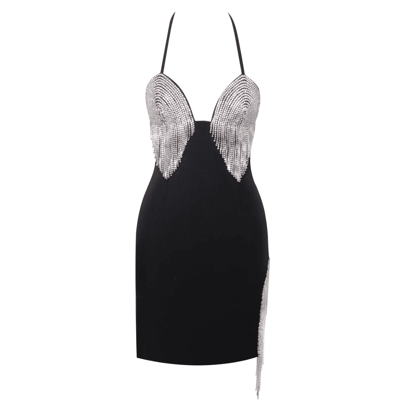 Rhinestone Fringe Halter Deep V-Neck Bodycon Mini Dress
