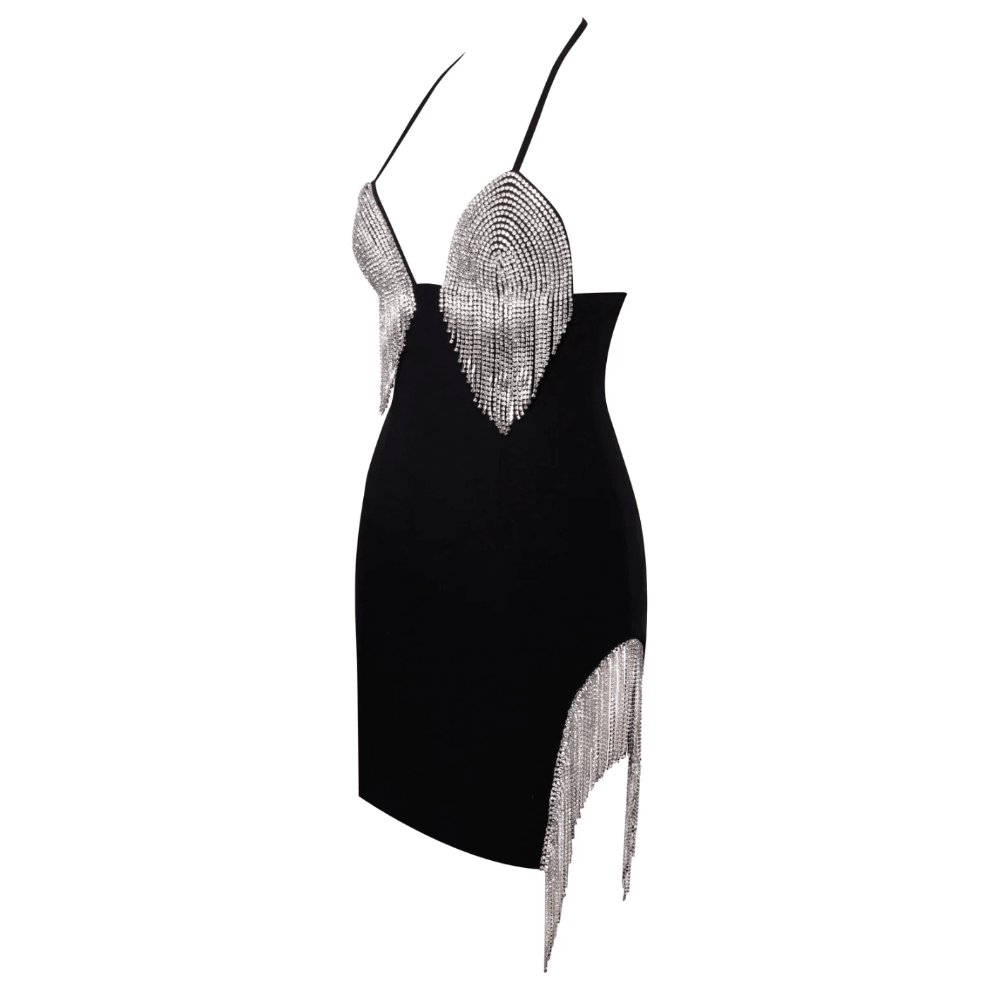 Rhinestone Fringe Halter Deep V-Neck Bodycon Mini Dress