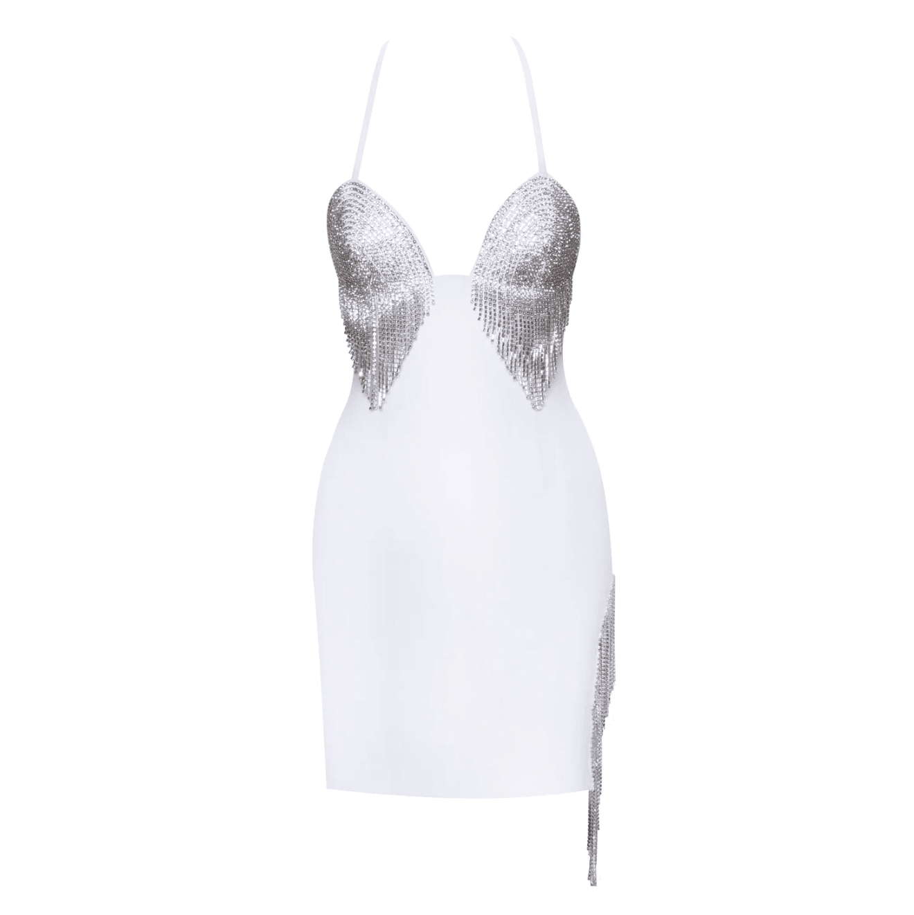 Rhinestone Fringe Halter Deep V-Neck Bodycon Mini Dress