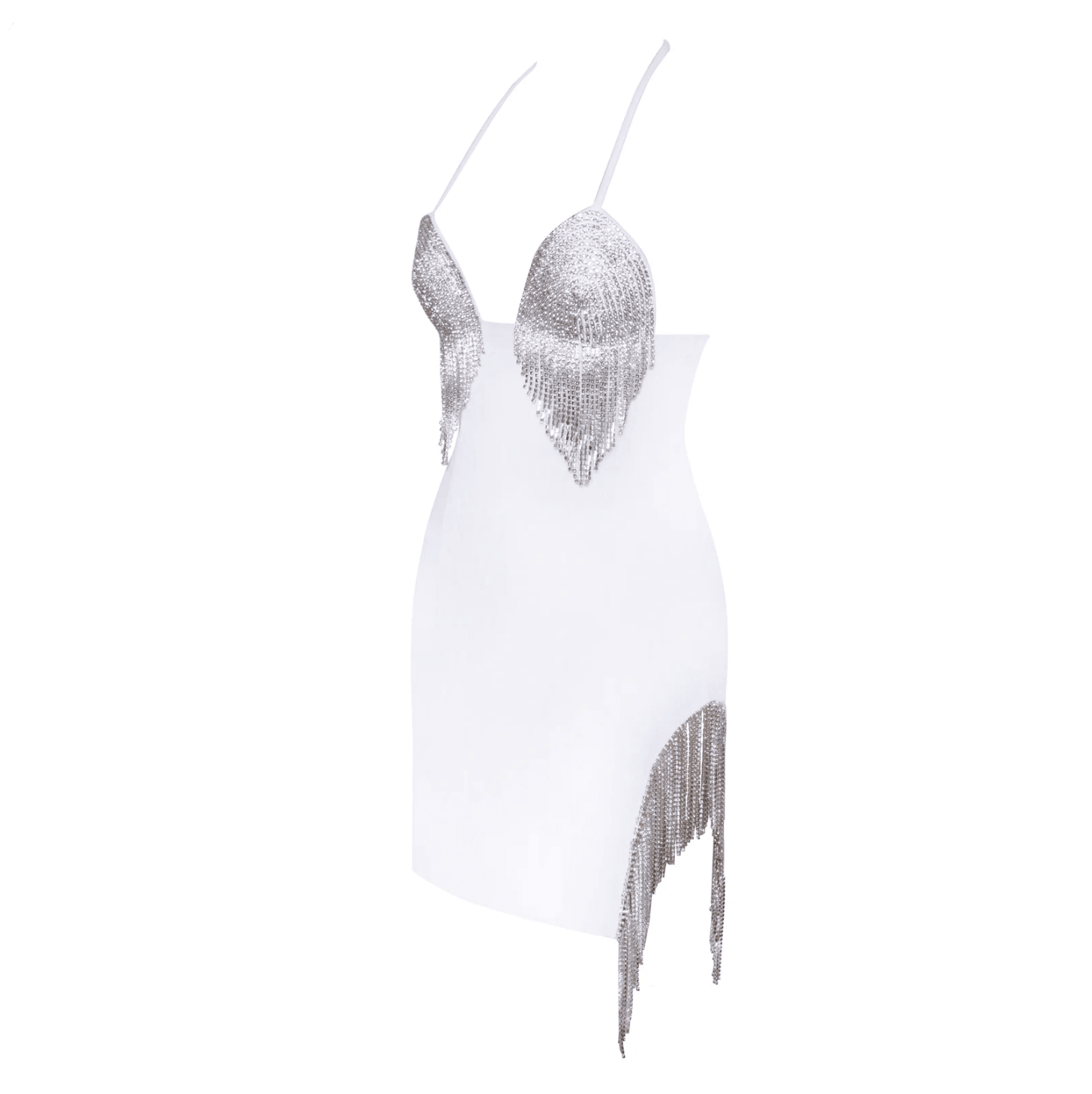 Rhinestone Fringe Halter Deep V-Neck Bodycon Mini Dress