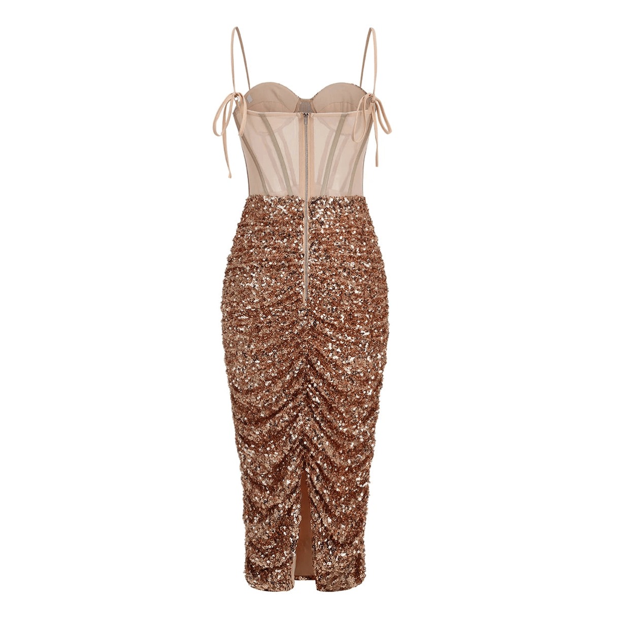 Sequin Spaghetti Strap Bustier Corset Ruched Bodycon Midi Dress