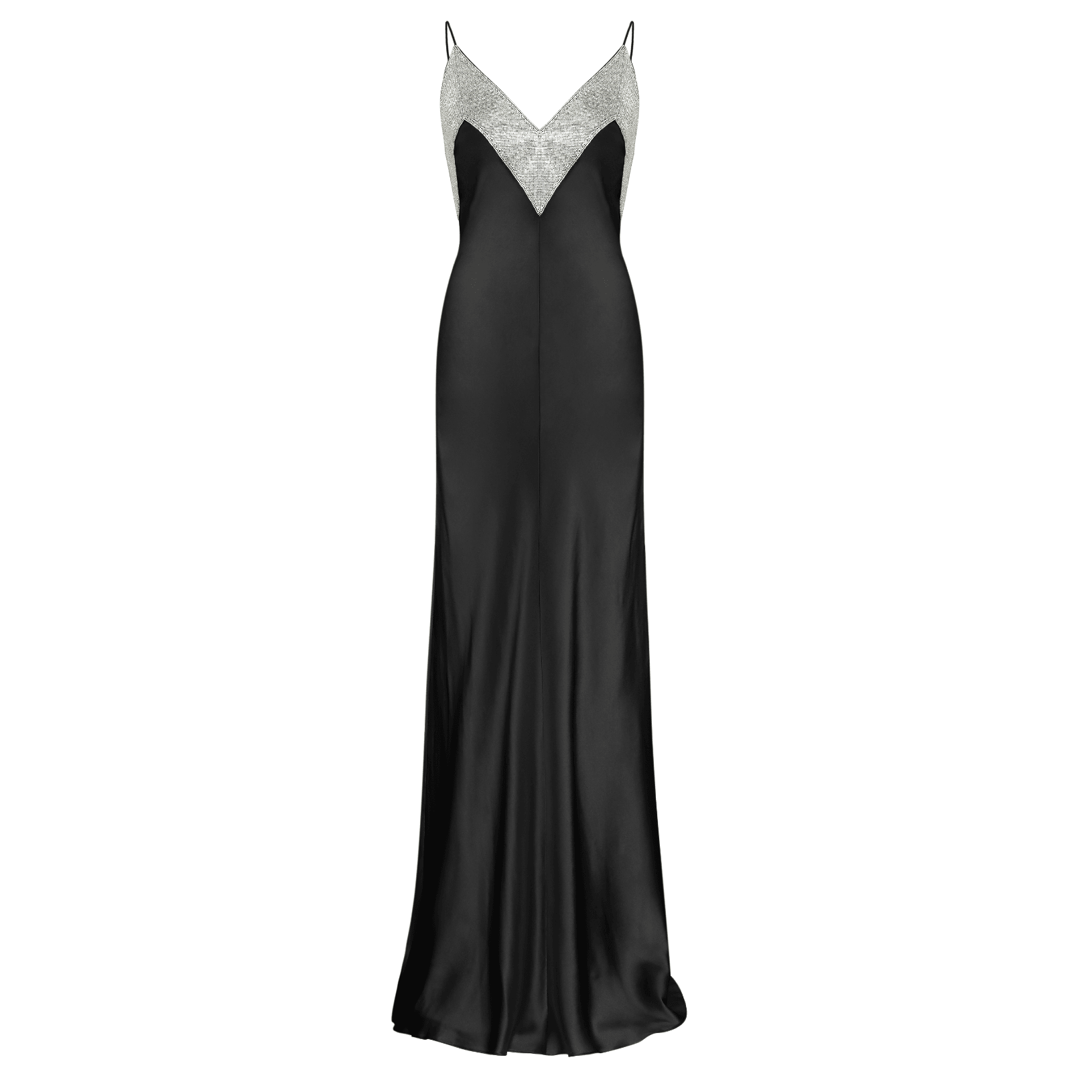 Satin Spaghetti Strap Deep V-Neck Rhinestone Chevron Bodice Slip Maxi Dress