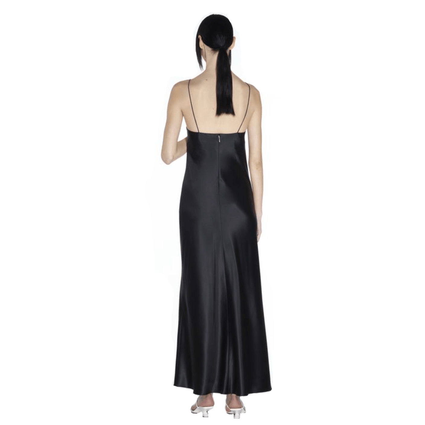 Satin Spaghetti Strap Deep V-Neck Rhinestone Chevron Bodice Slip Maxi Dress