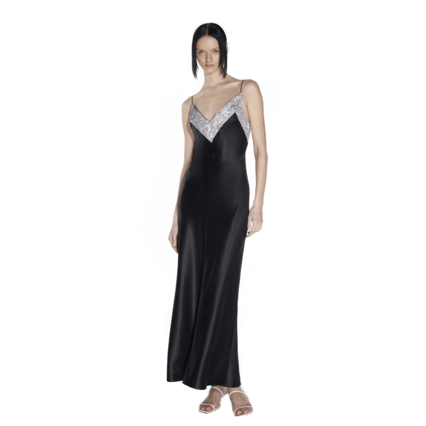 Satin Spaghetti Strap Deep V-Neck Rhinestone Chevron Bodice Slip Maxi Dress
