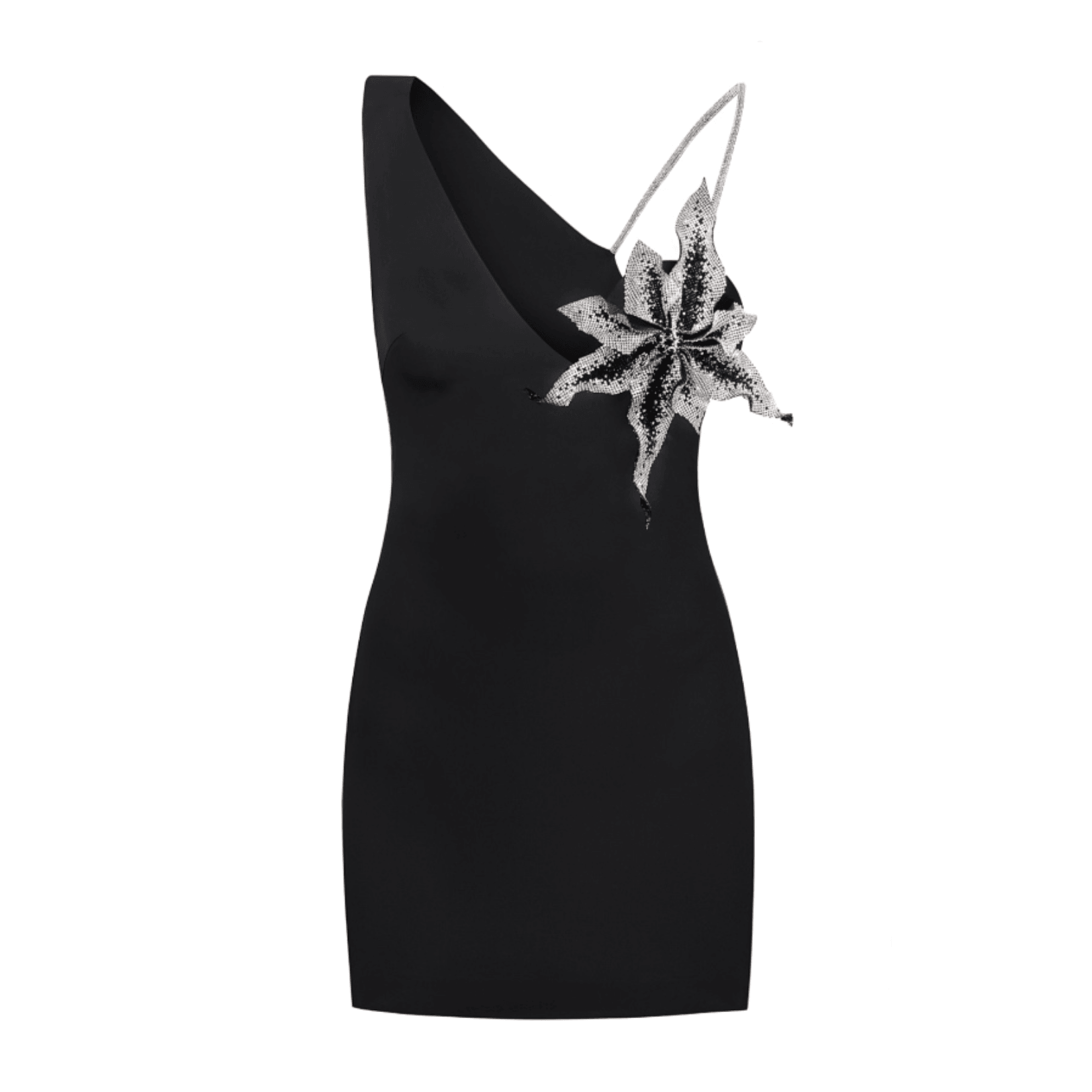 Rhinestone One Shoulder Deep V-Neck Floral Applique Bodycon Mini Dress